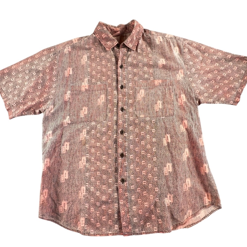 Spire Mens Pink Black Geometric Abstract Print Short Sleeve Button Down Shirt L